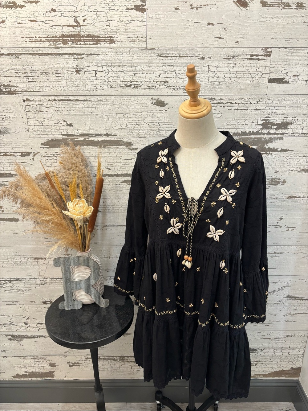 POL New Black Embroidered Tiered Midi Dress with Shell Accents